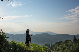 Chine, dans la province du Yunnan, une femme dans son champ à contre jour.